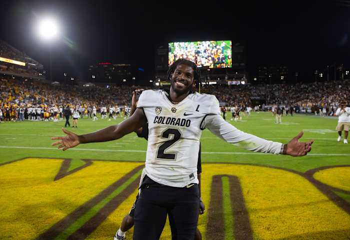Oct 7, 2023; Tempe, Arizona, USA; Colorado Buffaloes quarterback Shedeur Sanders (2) celebrates after defeating the Arizona State Sun Devils at Mountain America Stadium, Home of the ASU Sun Devils. 
